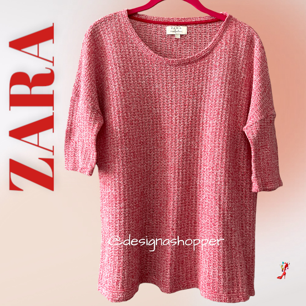 Zara Trafaluc  Red and White Weave Short Sleeve Sweater Top